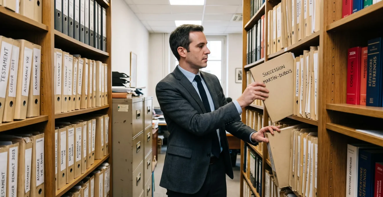 Legal professional organizing estate planning client files in office filing system
