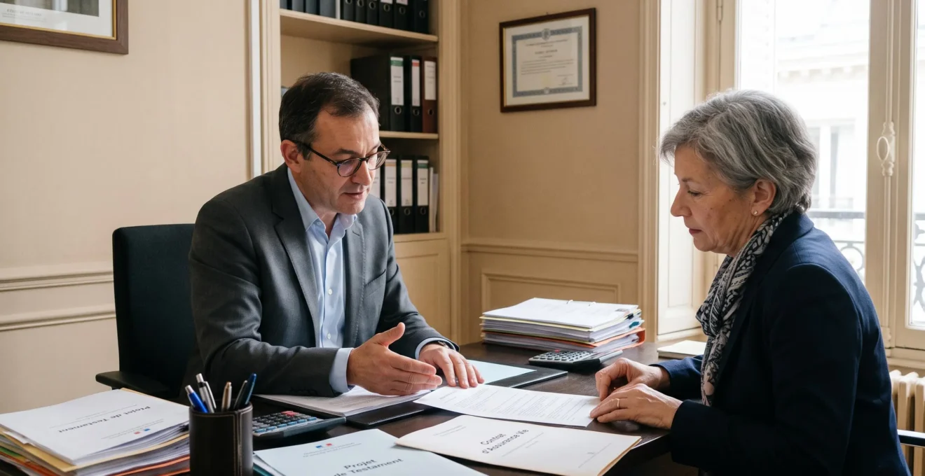 Wealth management advisor discussing estate planning documents with client in French notary office