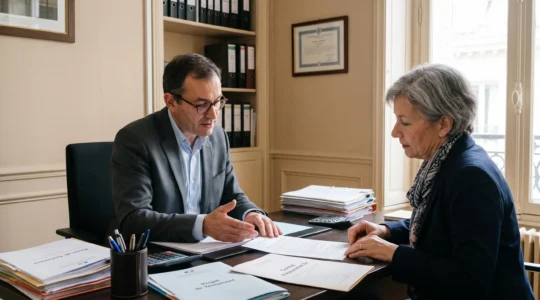 Wealth management advisor discussing estate planning documents with client in French notary office
