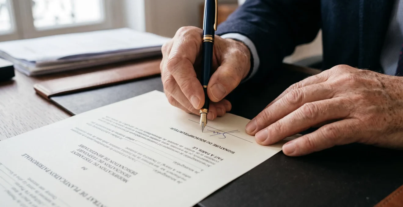 Hand signing legal document with pen on professional desk surface
